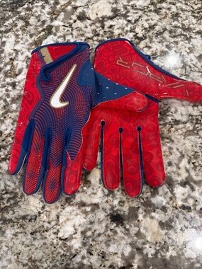 Nike Vaper Red and Blue Football Gloves with Gold Swoosh